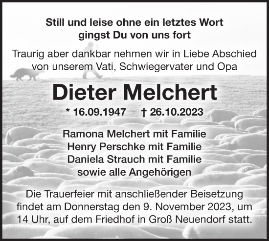 Traueranzeige von Dieter Melchert von Märkische Oderzeitung