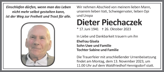 Traueranzeige von Dieter Piechaczek von Märkische Oderzeitung