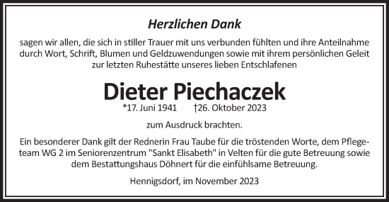 Traueranzeige von Dieter Piechaczek von Märkische Oderzeitung