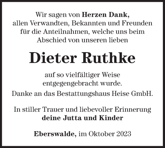 Traueranzeige von Dieter Ruthke von Märkische Oderzeitung