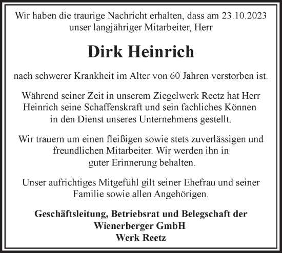 Traueranzeige von Dirk Heinrich von Märkische Oderzeitung