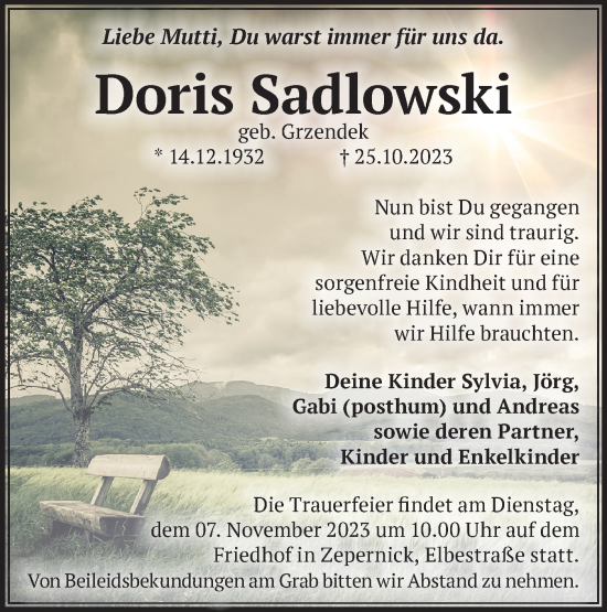 Traueranzeige von Doris Sadlowski von Märkische Oderzeitung