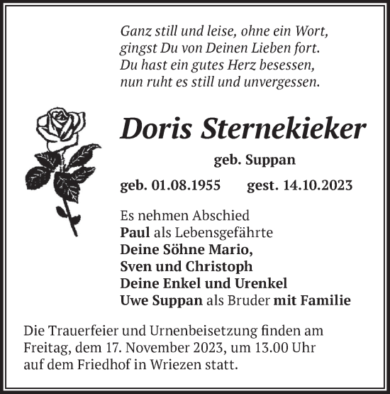 Traueranzeige von Doris Sternekieker von Märkische Oderzeitung