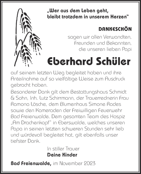 Traueranzeige von Eberhard Schüler von Märkische Oderzeitung