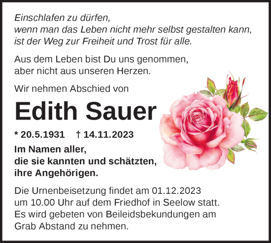 Traueranzeige von Edith Sauer von Märkische Oderzeitung