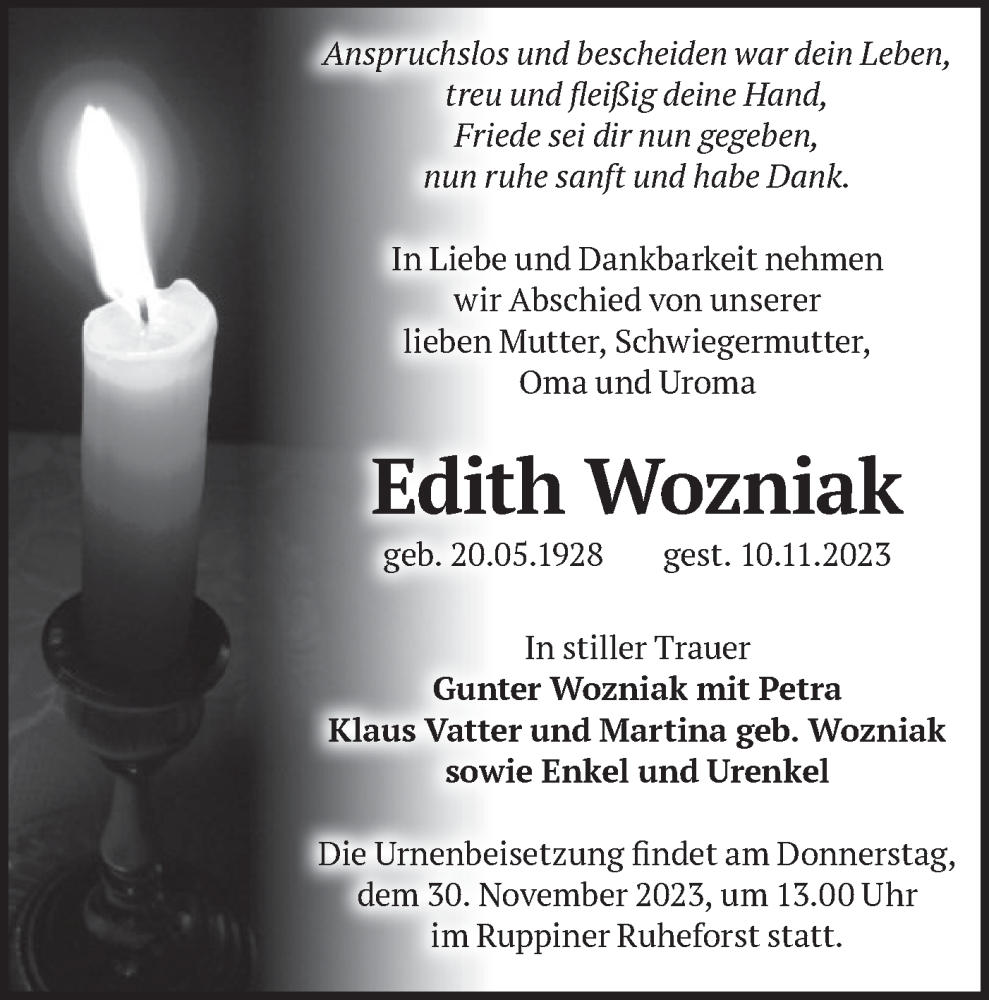 Traueranzeigen Von Edith Wozniak Märkische Onlinezeitung Trauerportal