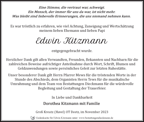 Traueranzeige von Edwin Kitzmann von Märkische Oderzeitung