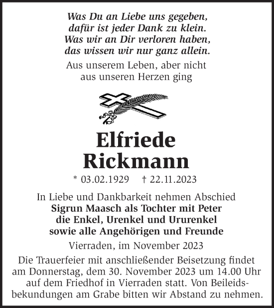 Traueranzeige von Elfriede Rickmann von Märkische Oderzeitung