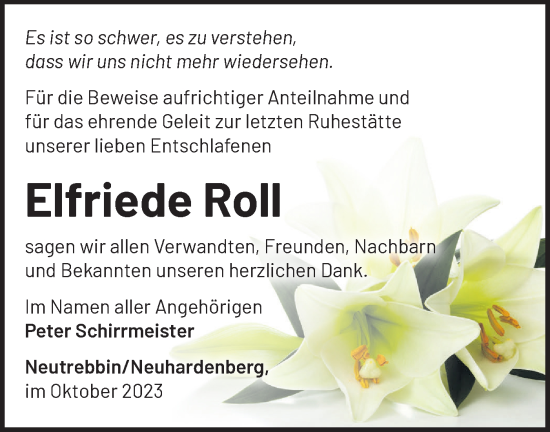 Traueranzeige von Elfriede Roll von Märkische Oderzeitung