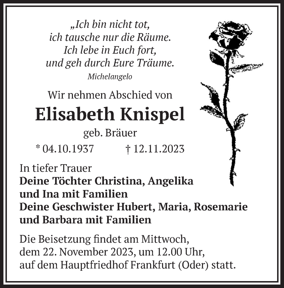  Traueranzeige für Elisabeth Knispel vom 18.11.2023 aus Märkische Oderzeitung