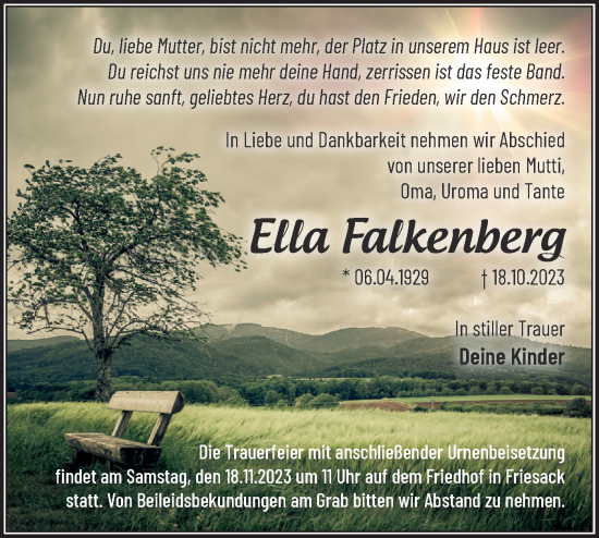 Traueranzeige von Ella Falkenberg von Märkische Oderzeitung