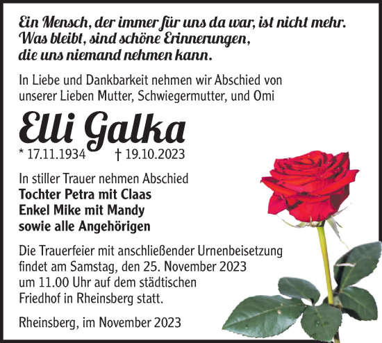 Traueranzeige von Elli Galka von Märkische Oderzeitung