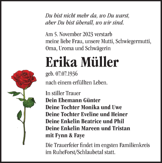 Traueranzeige von Erika Müller von Märkische Oderzeitung