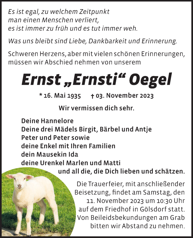  Traueranzeige für Ernst  Oegel vom 09.11.2023 aus Märkische Oderzeitung