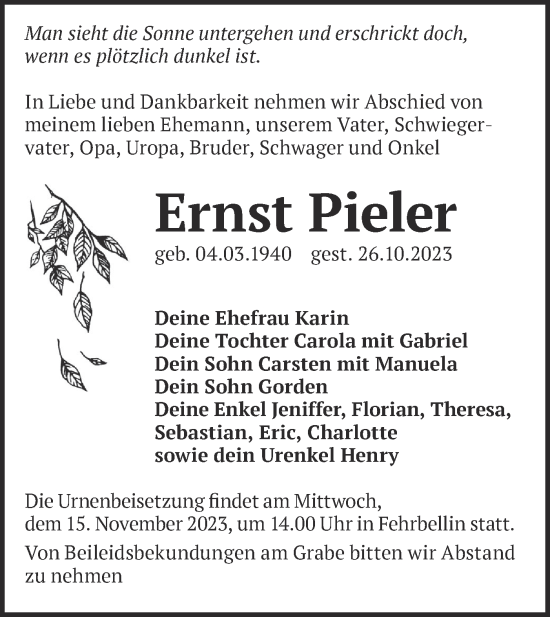 Traueranzeige von Ernst Pieler von Märkische Oderzeitung