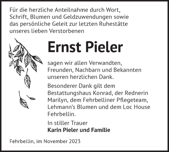 Traueranzeige von Ernst Pieler von Märkische Oderzeitung