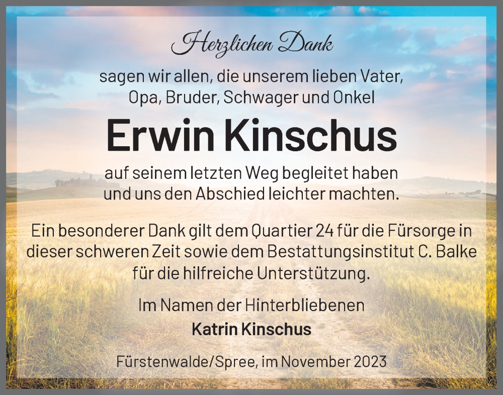  Traueranzeige für Erwin Kinschus vom 18.11.2023 aus Märkische Oderzeitung