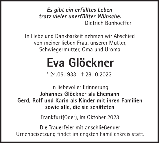 Traueranzeige von Eva Glöckner von Märkische Oderzeitung