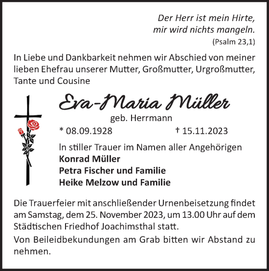Traueranzeige von Eva-Maria Müller von Märkische Oderzeitung