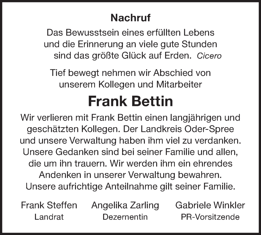  Traueranzeige für Frank Bettin vom 25.11.2023 aus Märkische Oderzeitung