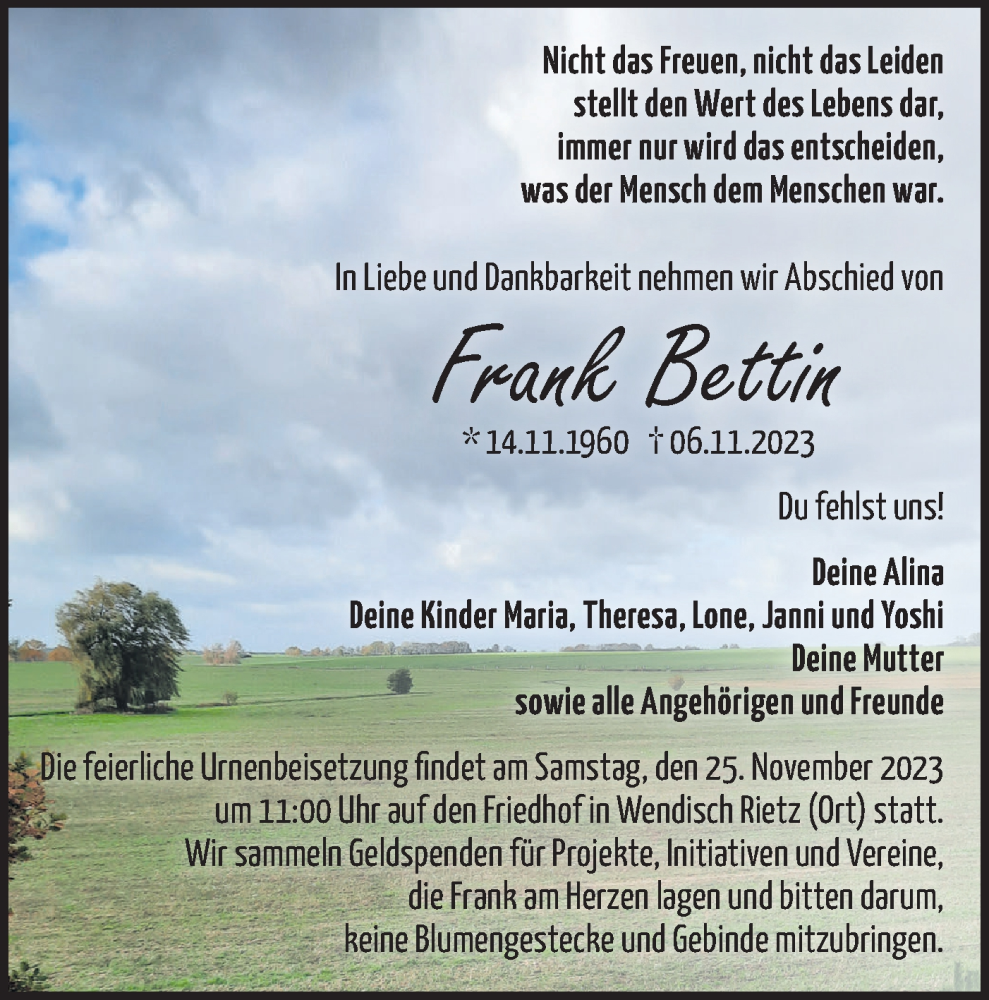  Traueranzeige für Frank Bettin vom 18.11.2023 aus Märkische Oderzeitung