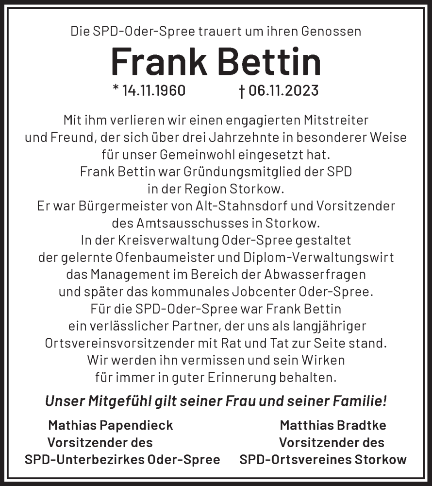  Traueranzeige für Frank Bettin vom 25.11.2023 aus Märkische Oderzeitung