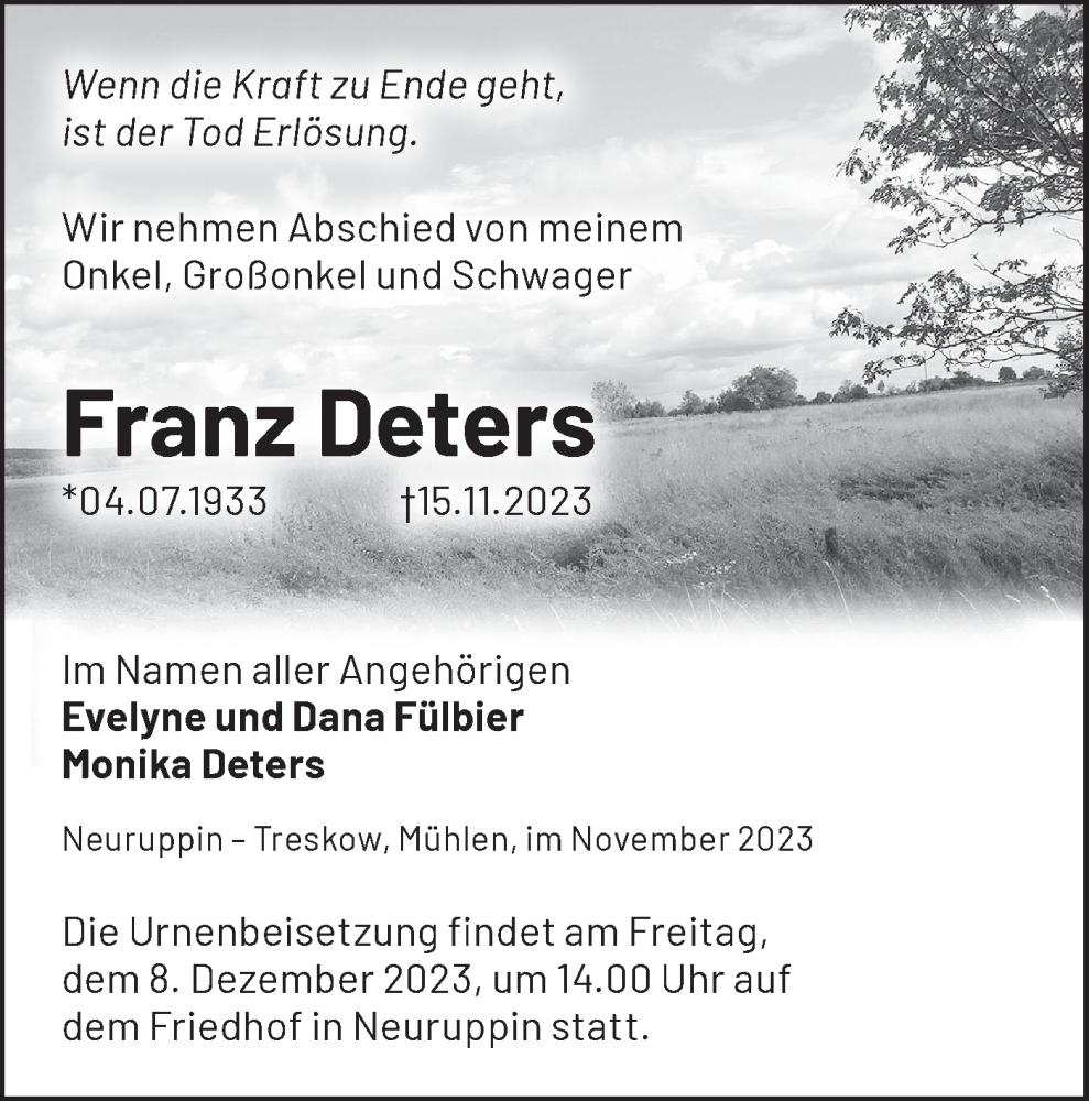  Traueranzeige für Franz Deters vom 25.11.2023 aus Märkische Oderzeitung