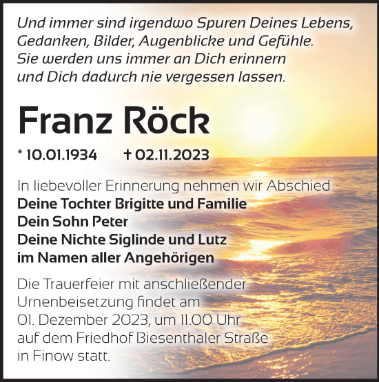 Traueranzeige von Franz Röck von Märkische Oderzeitung