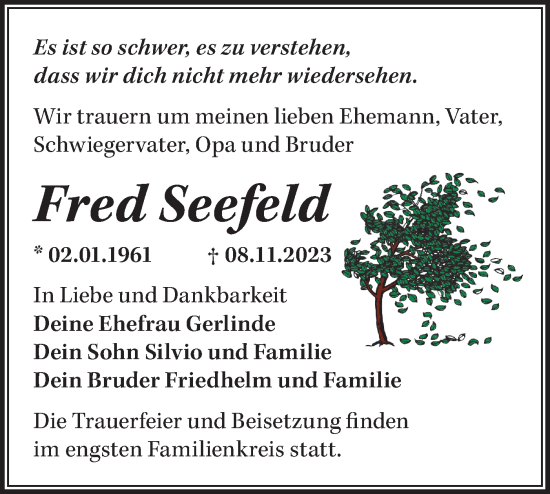 Traueranzeige von Fred Seefeld von Märkische Oderzeitung