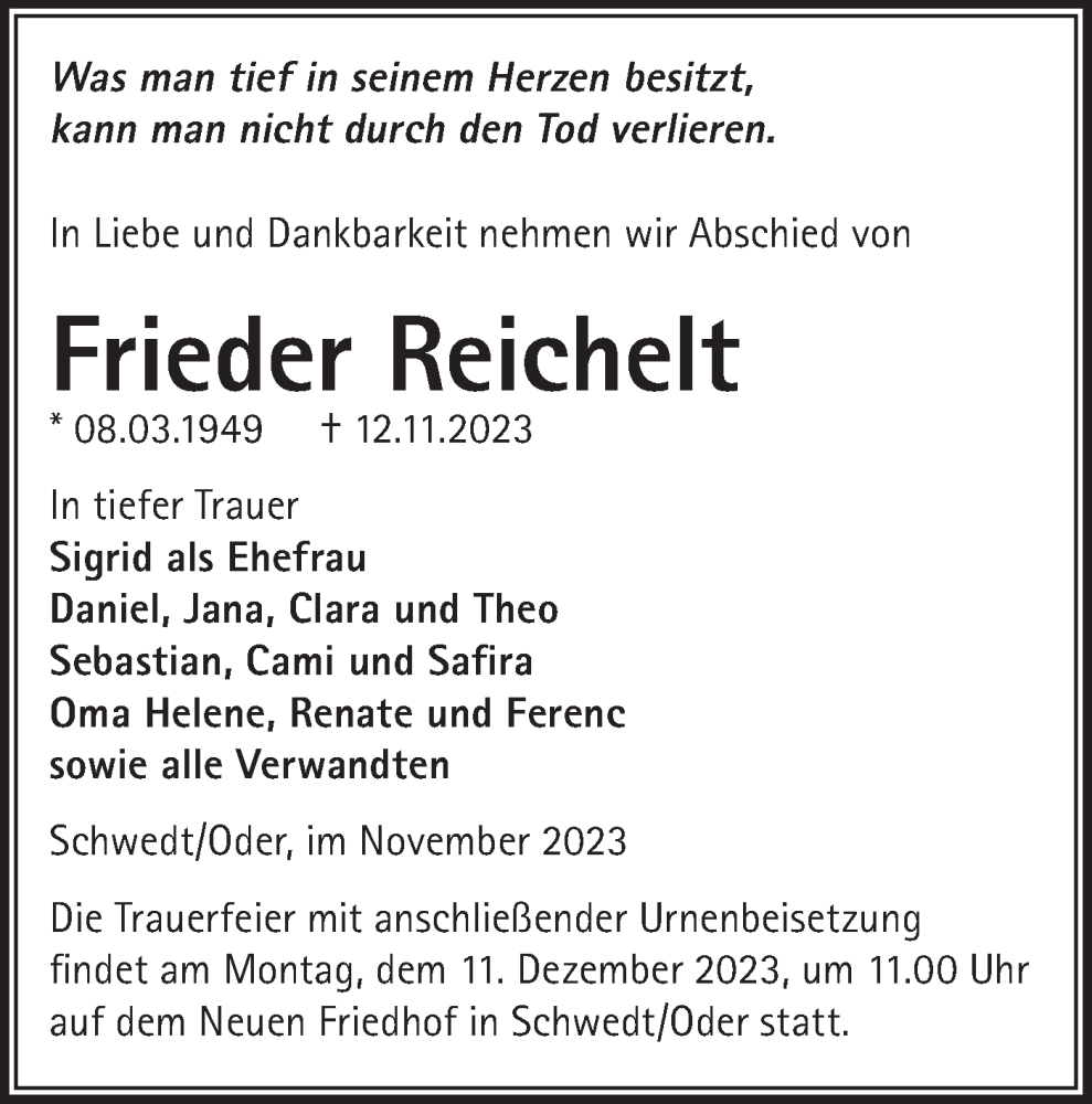  Traueranzeige für Frieder Reichelt vom 25.11.2023 aus Märkische Oderzeitung