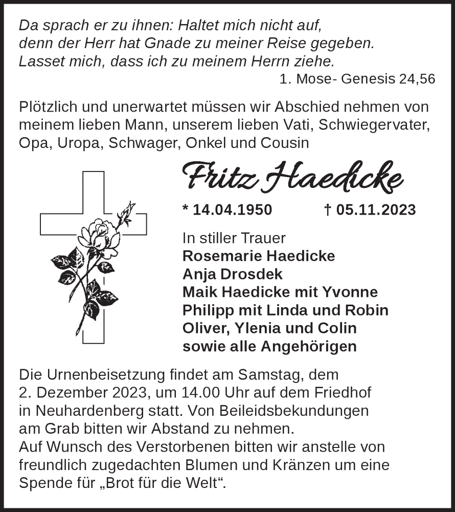  Traueranzeige für Fritz Haedicke vom 25.11.2023 aus Märkische Oderzeitung