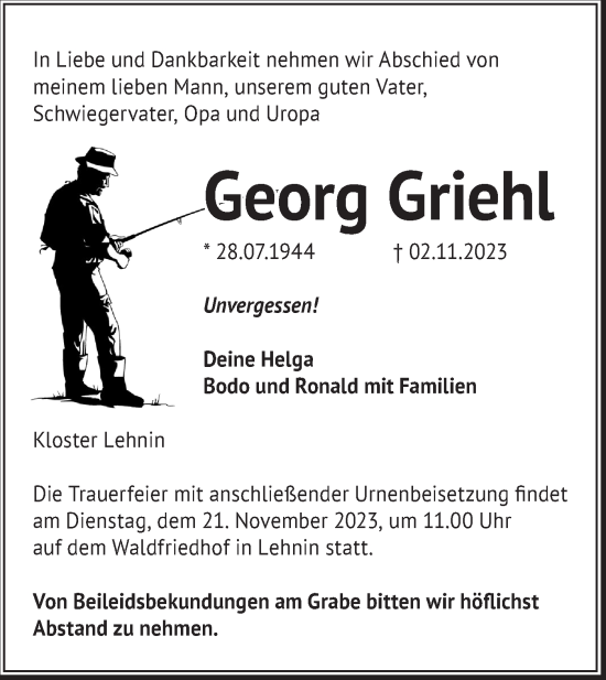 Traueranzeige von Georg Griehl von Märkische Oderzeitung