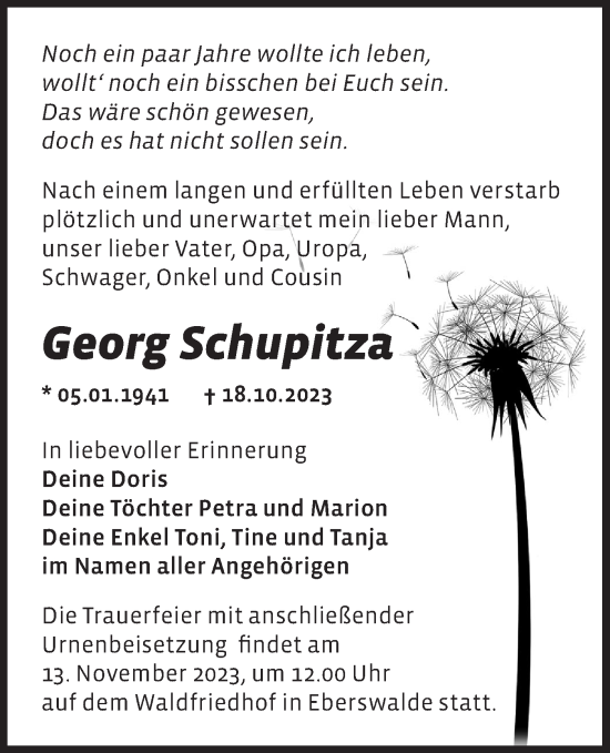 Traueranzeige von Georg Schupitza von Märkische Oderzeitung