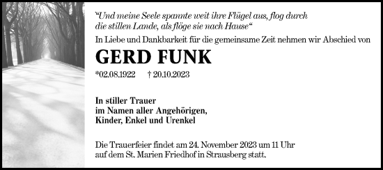 Traueranzeige von Gerd Funk von Märkische Oderzeitung