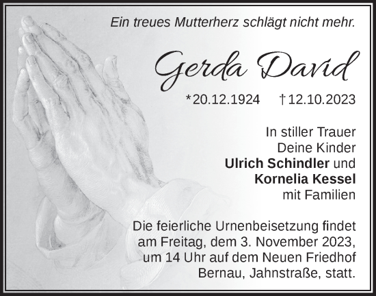 Traueranzeige von Gerda David von Märkische Oderzeitung