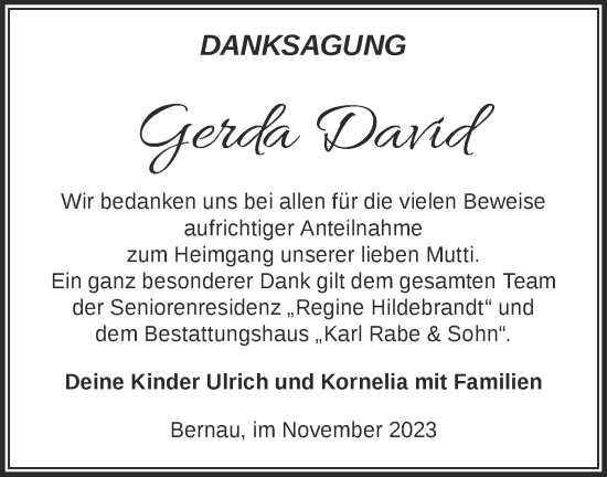 Traueranzeige von Gerda David von Märkische Oderzeitung