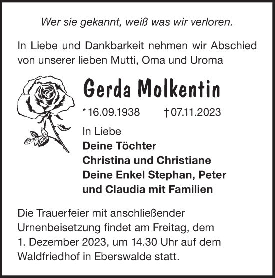 Traueranzeige von Gerda Molkentin von Märkische Oderzeitung