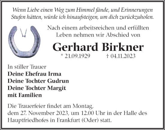 Traueranzeige von Gerhard Birkner von Märkische Oderzeitung