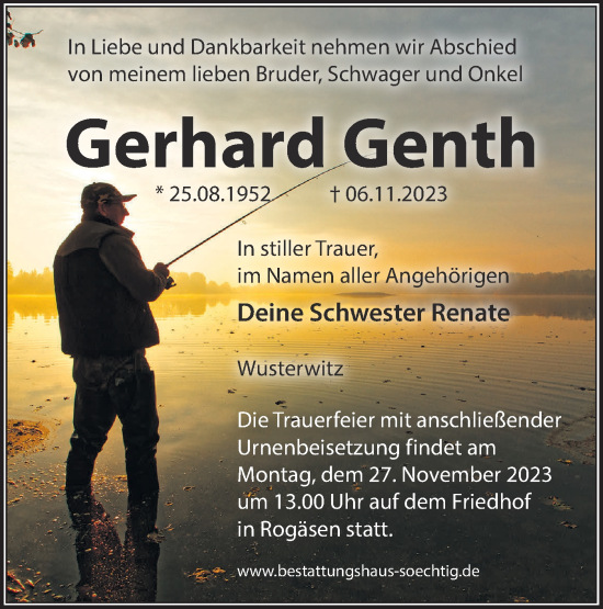 Traueranzeige von Gerhard Genth von Märkische Oderzeitung