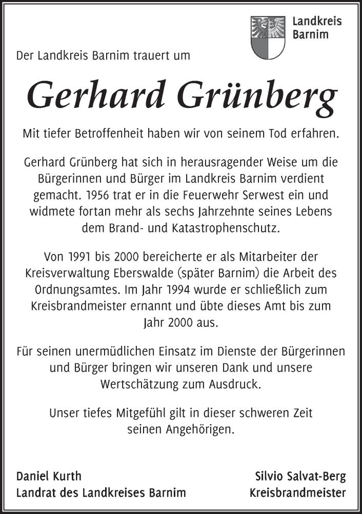  Traueranzeige für Gerhard Grünberg vom 27.11.2023 aus Märkische Oderzeitung