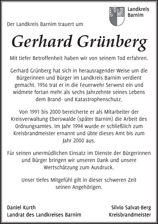 Traueranzeige von Gerhard Grünberg von Märkische Oderzeitung