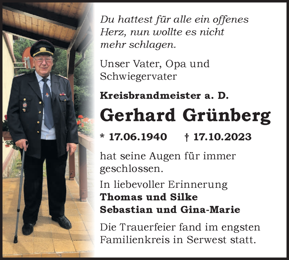  Traueranzeige für Gerhard Grünberg vom 25.11.2023 aus Märkische Oderzeitung