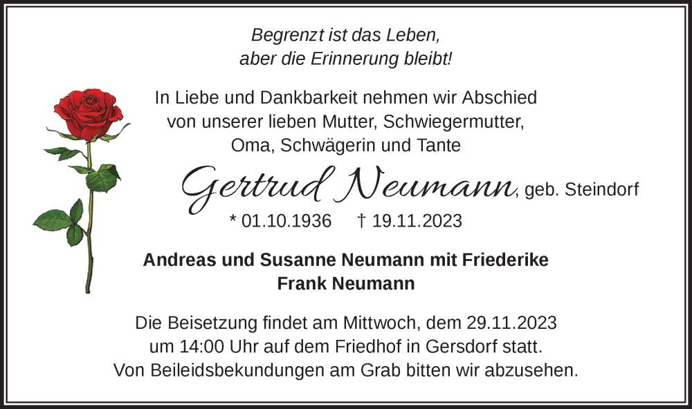  Traueranzeige für Gertrud Neumann vom 24.11.2023 aus Märkische Oderzeitung