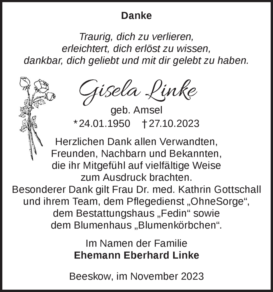 Traueranzeige für Gisela Linke vom 25.11.2023 aus Märkische Oderzeitung