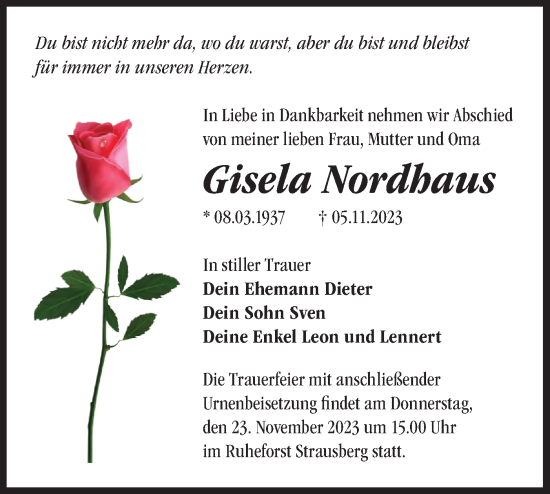 Traueranzeige von Gisela Nordhaus von Märkische Oderzeitung