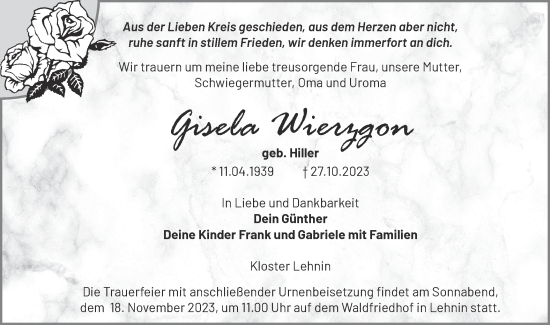 Traueranzeige von Gisela Wierzgon von Märkische Oderzeitung