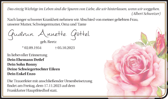 Traueranzeige von Gudrun Annette Göttel von Märkische Oderzeitung