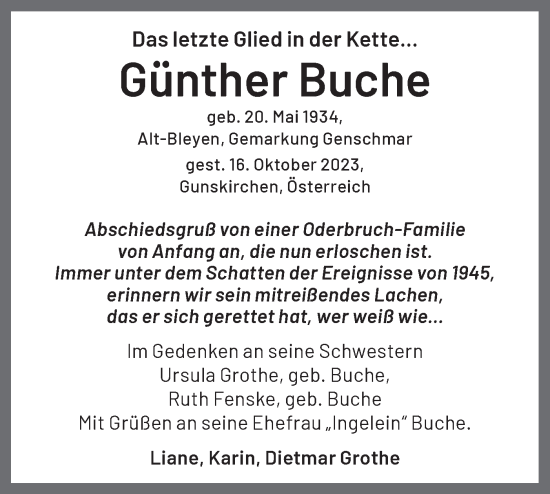 Traueranzeige von Günther Buche von Märkische Oderzeitung