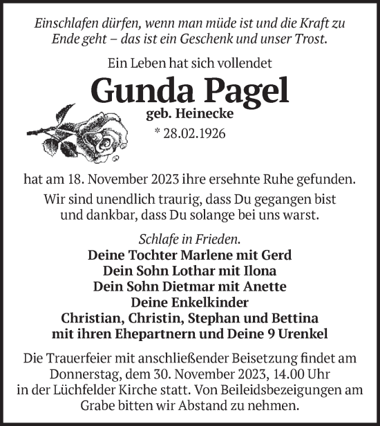 Traueranzeige von Gunda Pagel von Märkische Oderzeitung
