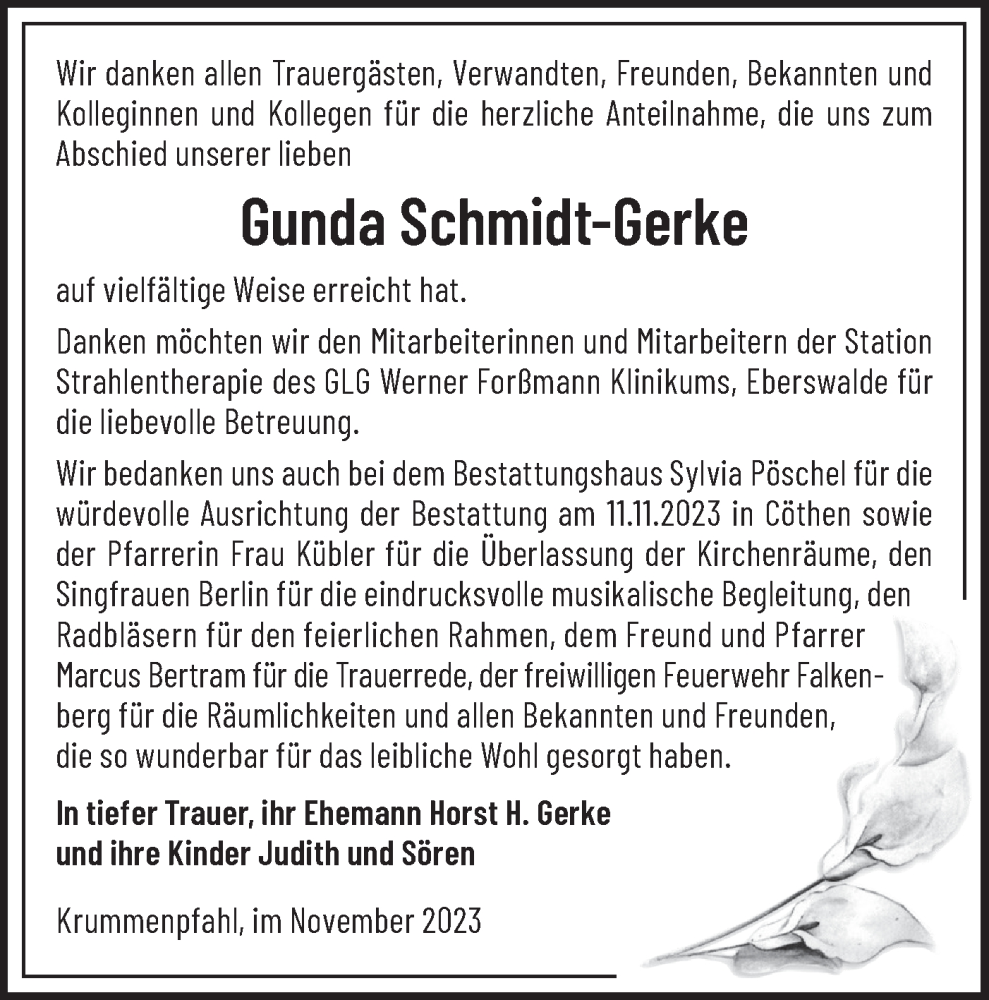  Traueranzeige für Gunda Schmidt-Gerke vom 29.11.2023 aus Märkische Oderzeitung